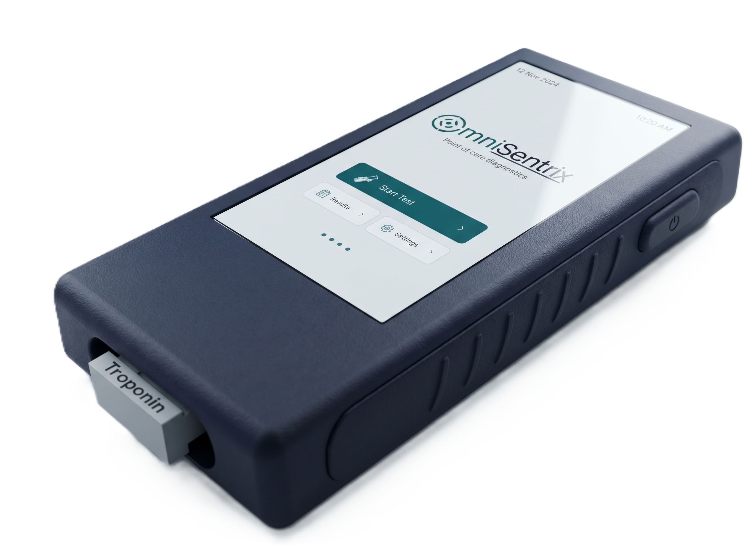A medical device with a screen displaying the Omnisentrix logo and options for starting a test, viewing results, and adjusting settings. A test strip is partially visible at the bottom of the device.