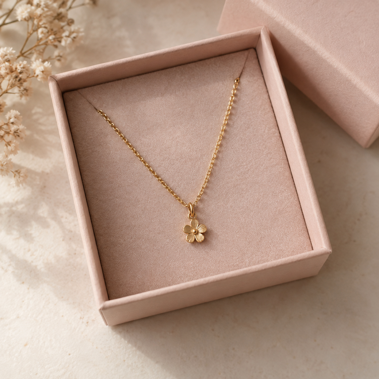 Gold Flower Necklace in Pink Jewelry Box.png