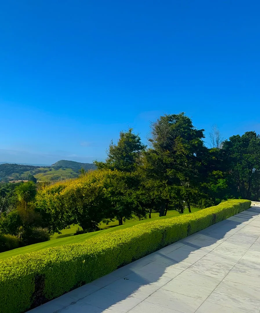 View of a spacious outdoor terrace with a white tiled floor, a well-maintained green hedge, and various trees with green foliage set against a backdrop of distant hills under a clear blue sky.