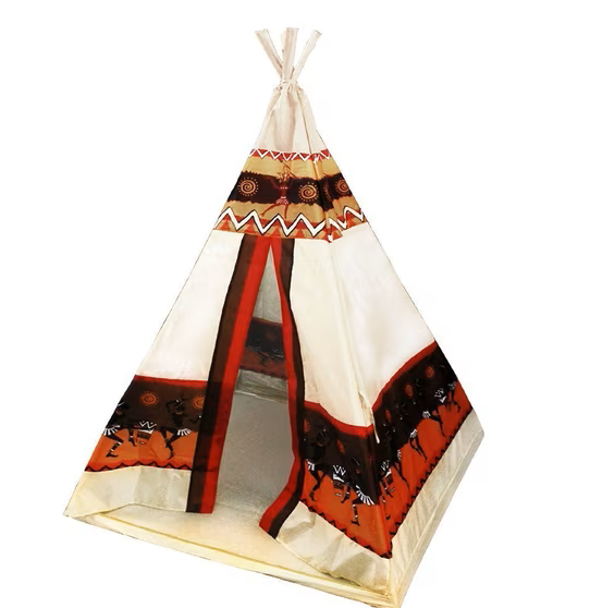 Colorful fabric tipi with orange, black, red, and cream patterns and a small entrance opening.