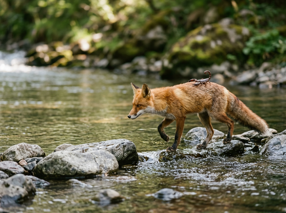 A fox crossing a shallow river with a small scorpion on its back, surrounded by rocks and greenery.