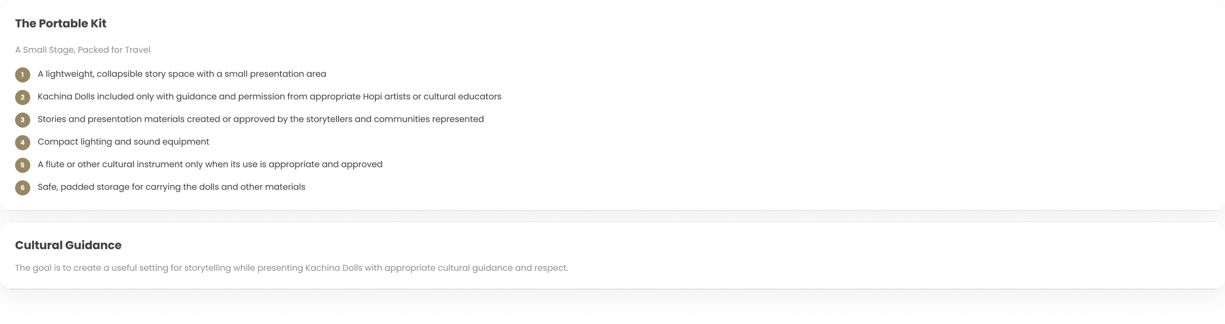 Text on a document titled "The Portable Kit" describes features of a storytelling kit, including lightweight design, inclusion of Kachina Dolls, storytelling materials, compact equipment, cultural instruments, and storage for travel. The document emphasizes cultural guidance for presenting Kachina Dolls with respect.