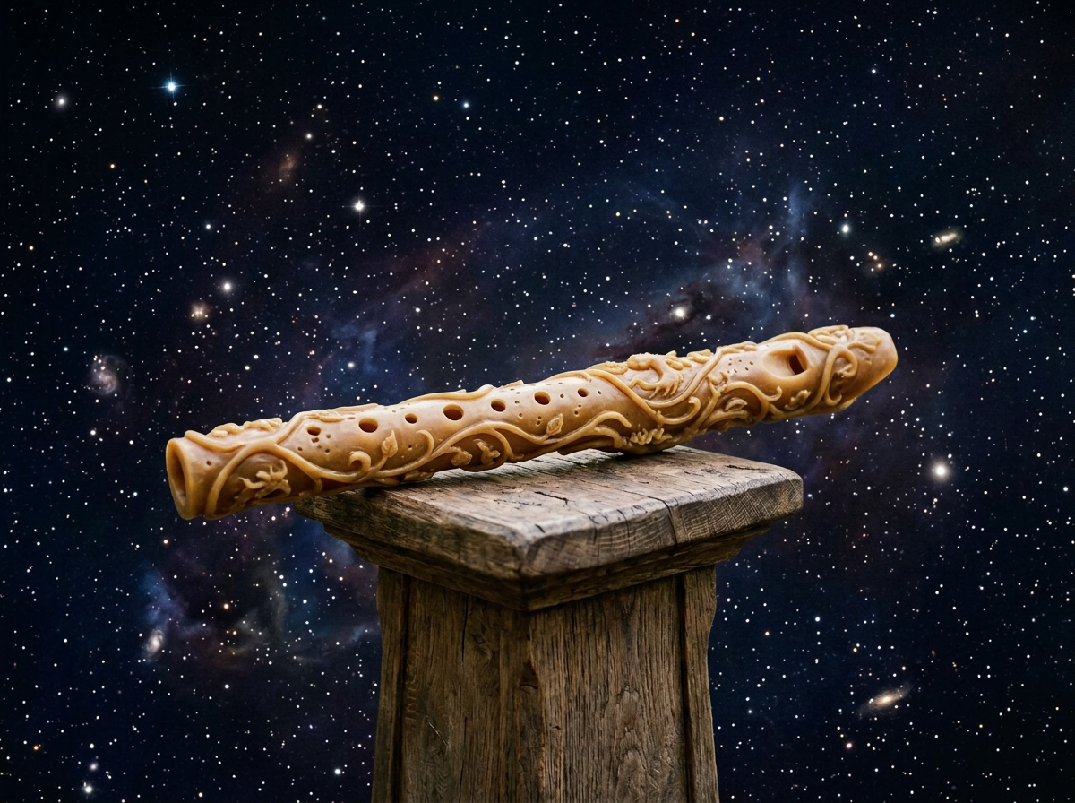 A carved wooden flute with decorative patterns rests on a weathered wooden pedestal against a backdrop of outer space filled with stars and galaxies.