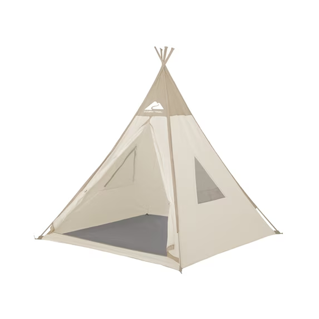 Travel teepee tent with open front, beige color, and small side window, isolated on white background.