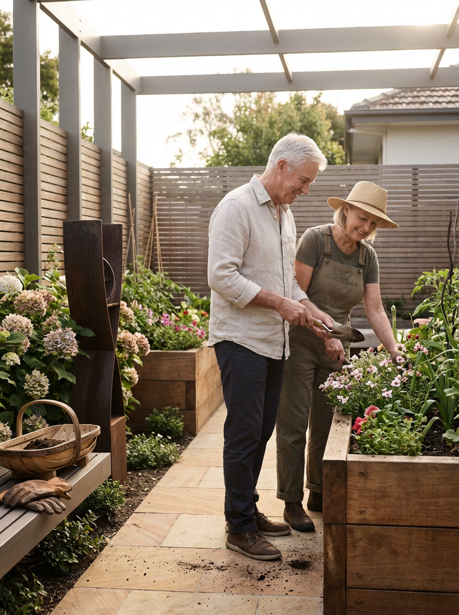 An elderly man and woman gardening together in a backyard, planting flowers in a wooden raised garden bed during daytime.