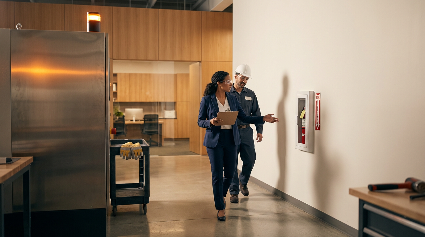 Two professionals walking through an industrial or office building, inspecting a fire safety cabinet mounted on the wall.