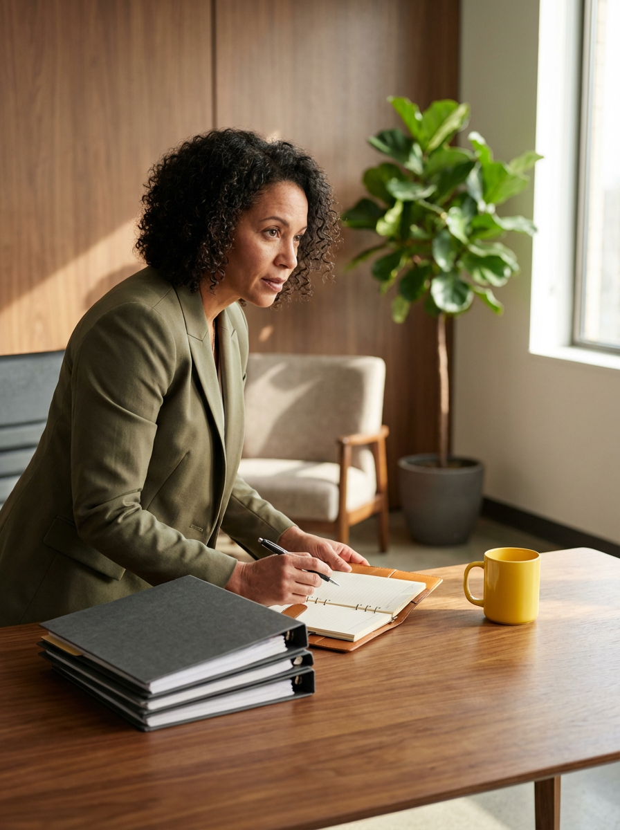 A woman with curly black hair and a green blazer is standing at a wooden conference table, writing in a notebook. There are several black folders stacked on the table, along with a yellow coffee mug. The background features a large window, a potted plant, and a beige armchair against a wooden wall.