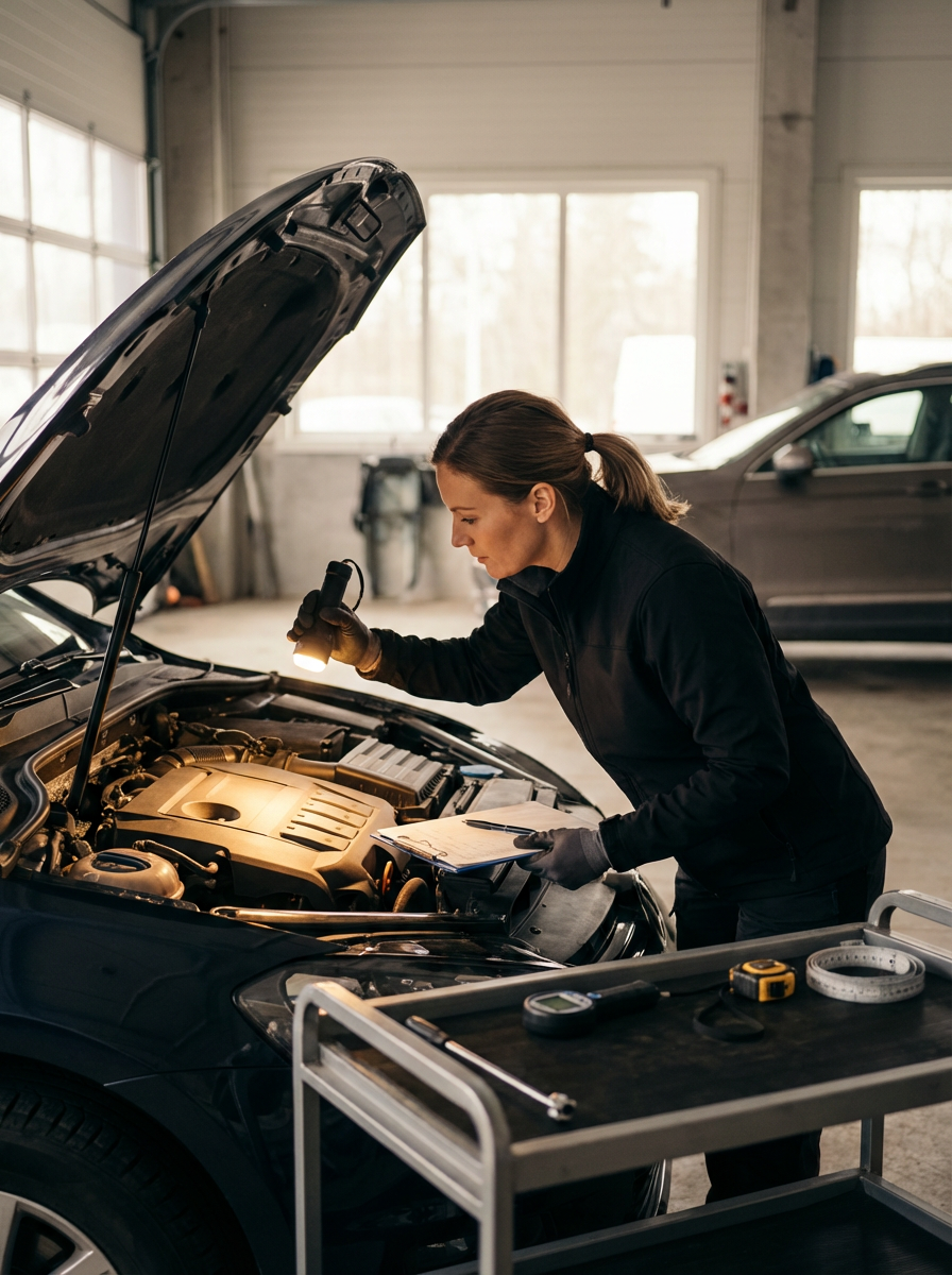 A woman inspecting a car engine in a garage with a flashlight, holding a clipboard, with tools on a cart nearby.