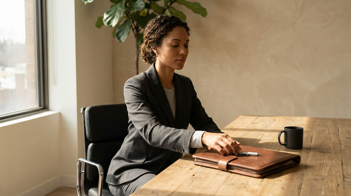 A woman in a gray suit sitting at a wooden table with a black coffee mug, a leather briefcase, and a pen, in an office with a large window and green plant.
