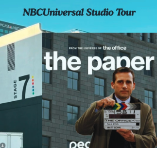 Poster promoting NBCUniversal Studio Tour for the TV show 'The Office,' featuring a man holding a clapperboard in front of a building.