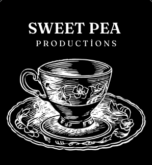 Logo for Sweet Pea Productions featuring a vintage-style teacup on a matching saucer with a flower design against a black background.
