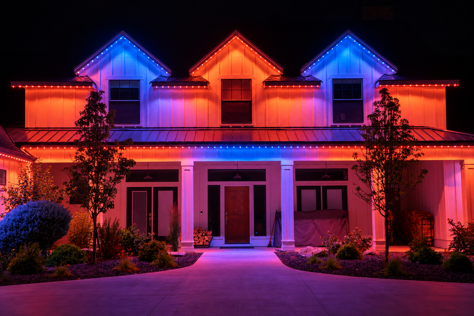 Red and blue permanent lighting illuminates the upper gables and covered entrance of a two-story home.
