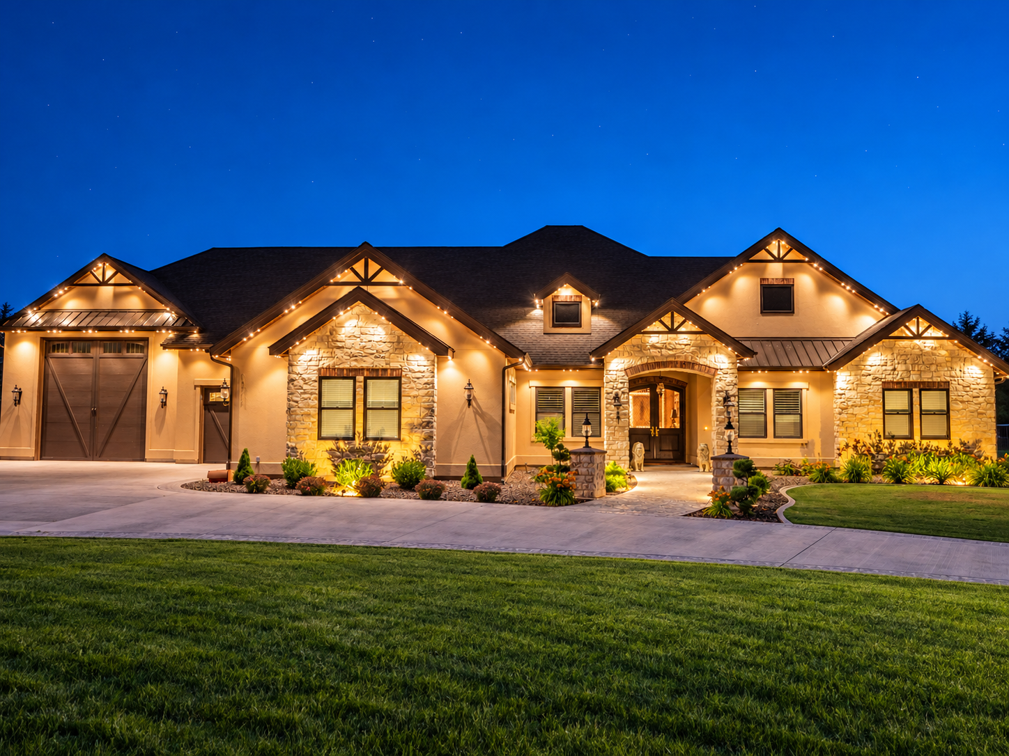Warm white permanent lighting highlights the gables, garage, and front entrance of a stone-and-stucco home.