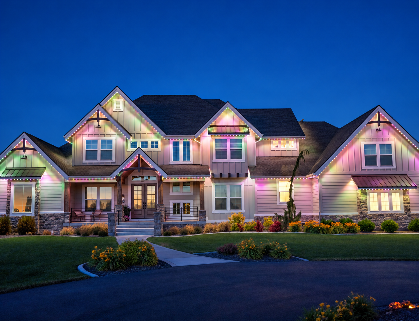 Pink, green, and pale blue lighting outlines the gables and porch of a two-story gray-sided home.