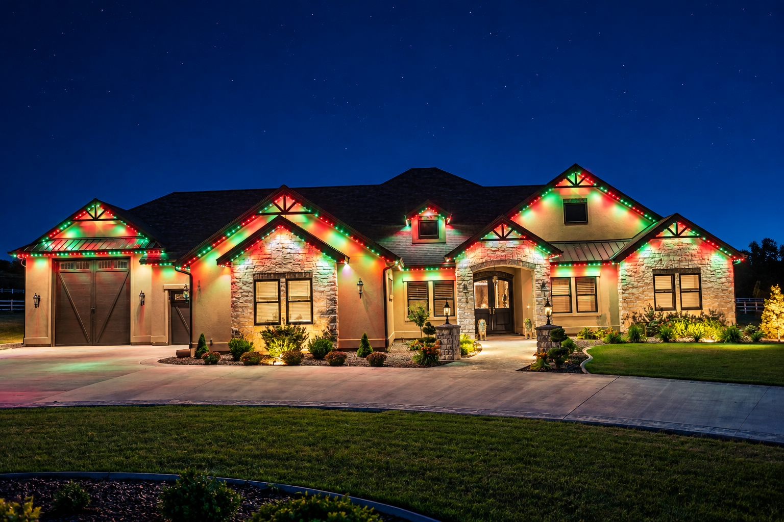Red and green permanent lights outline a home’s gables and garage for a Christmas display at night.