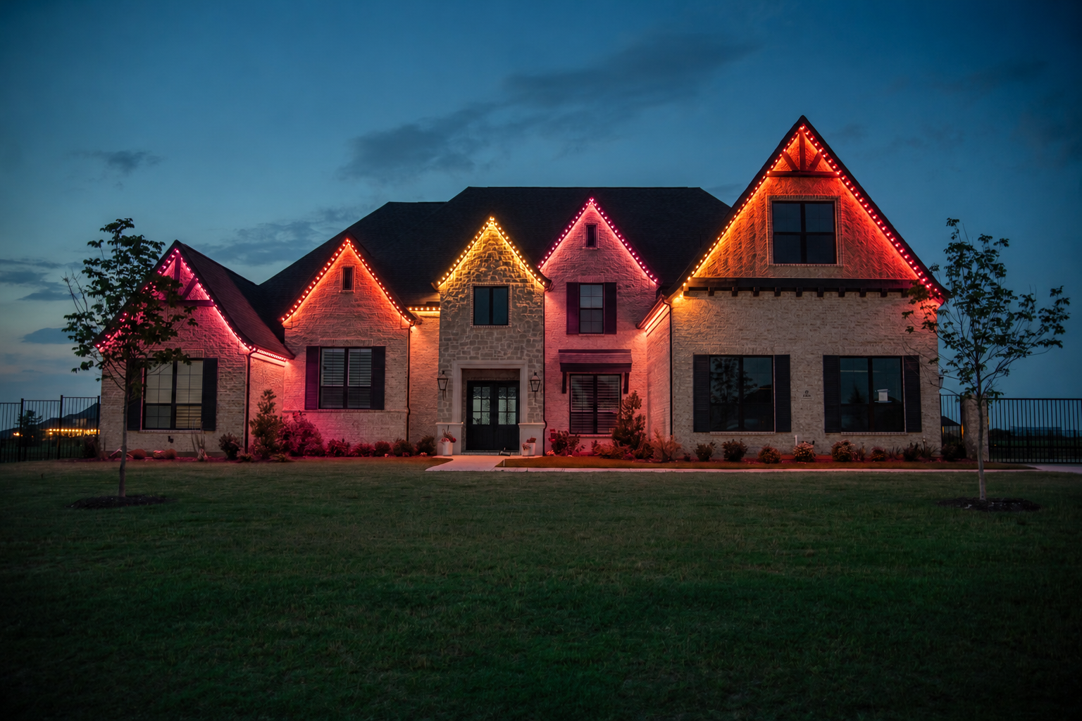 Red, pink, and amber lights highlight the peaks and exterior walls of a stone home.