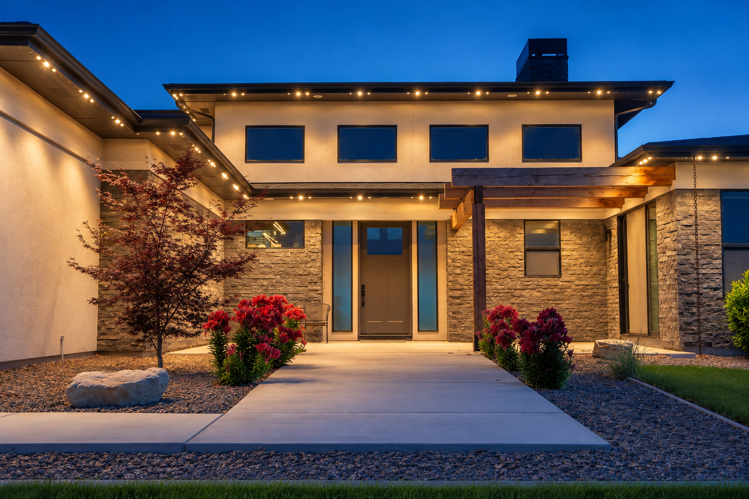 Warm white permanent lights illuminate the eaves and covered entrance of a contemporary stone-and-stucco home at dusk.