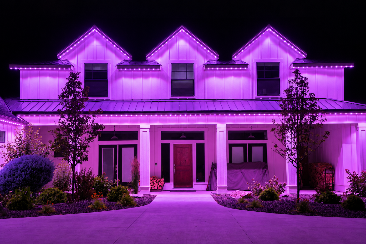 Purple permanent lights outline the gables and porch of a white-sided home, casting a violet glow across the entrance.