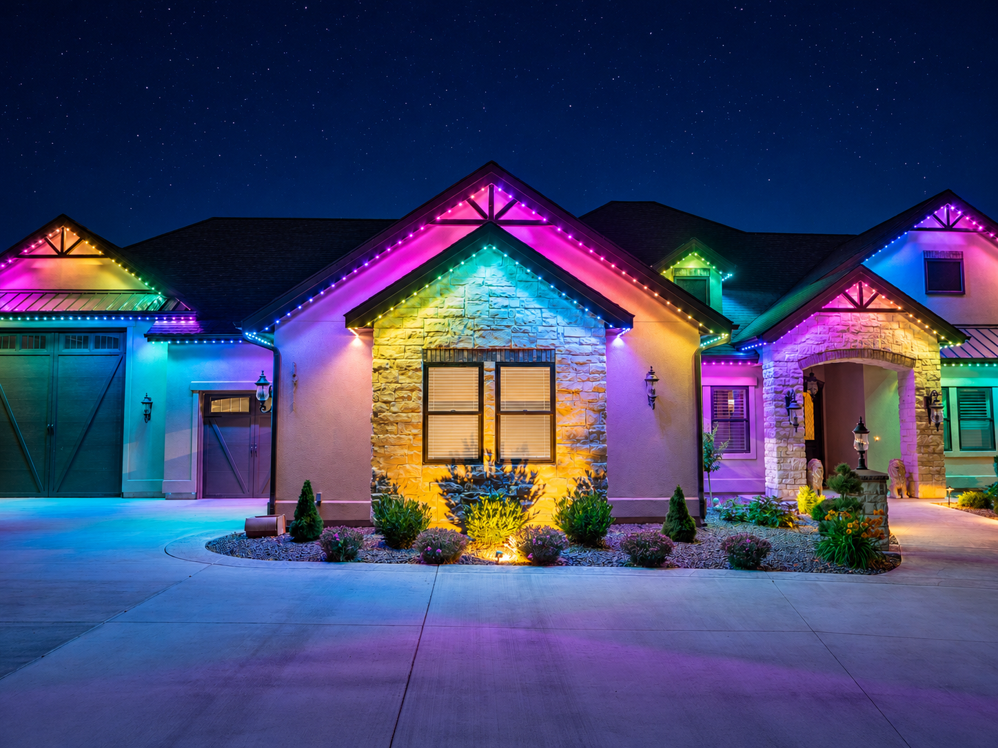 A multicolor lighting pattern blends blue, green, yellow, and pink across a stone home’s gables and entry.