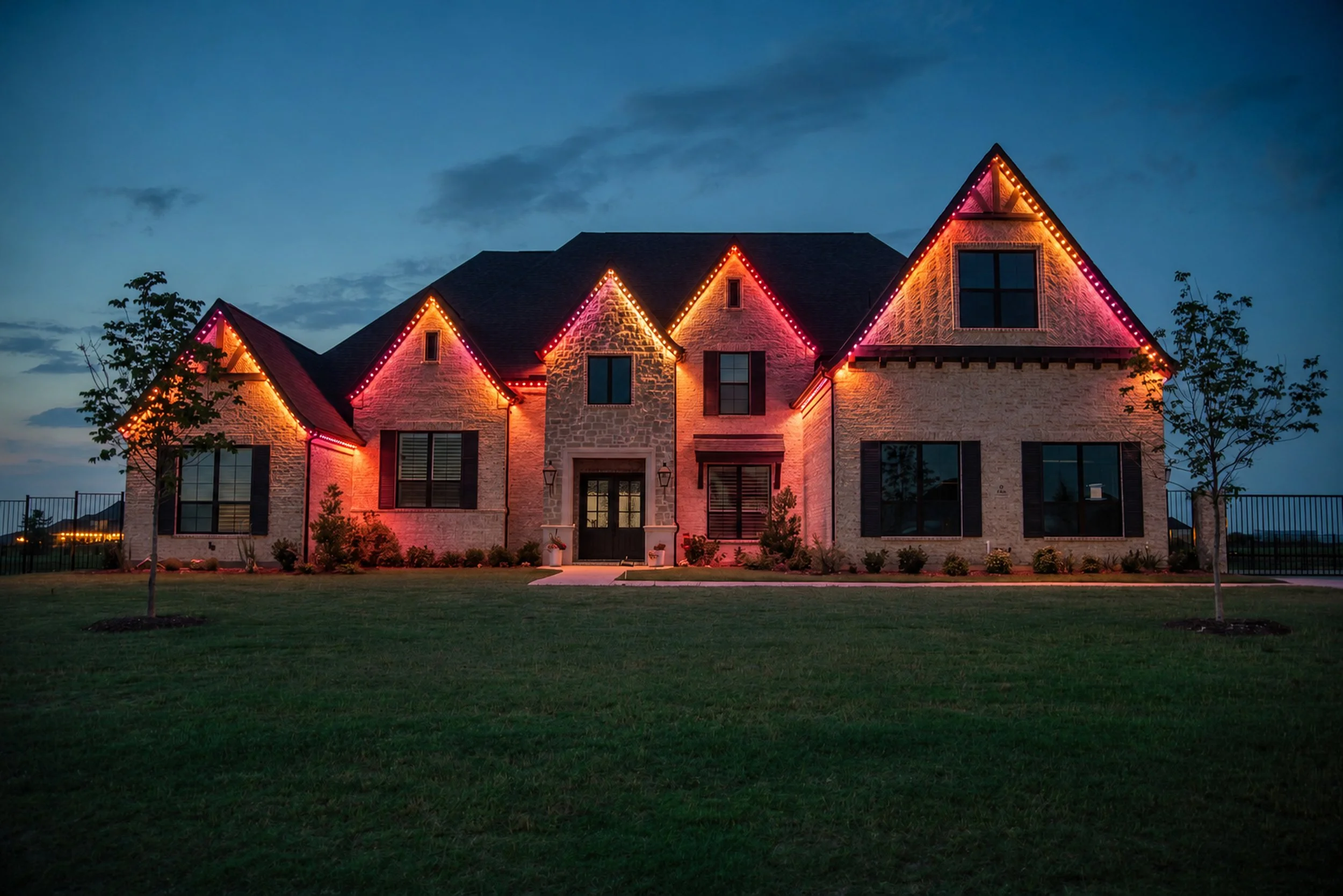 Amber and pink permanent lighting follows the gables of a stone home against a blue evening sky.
