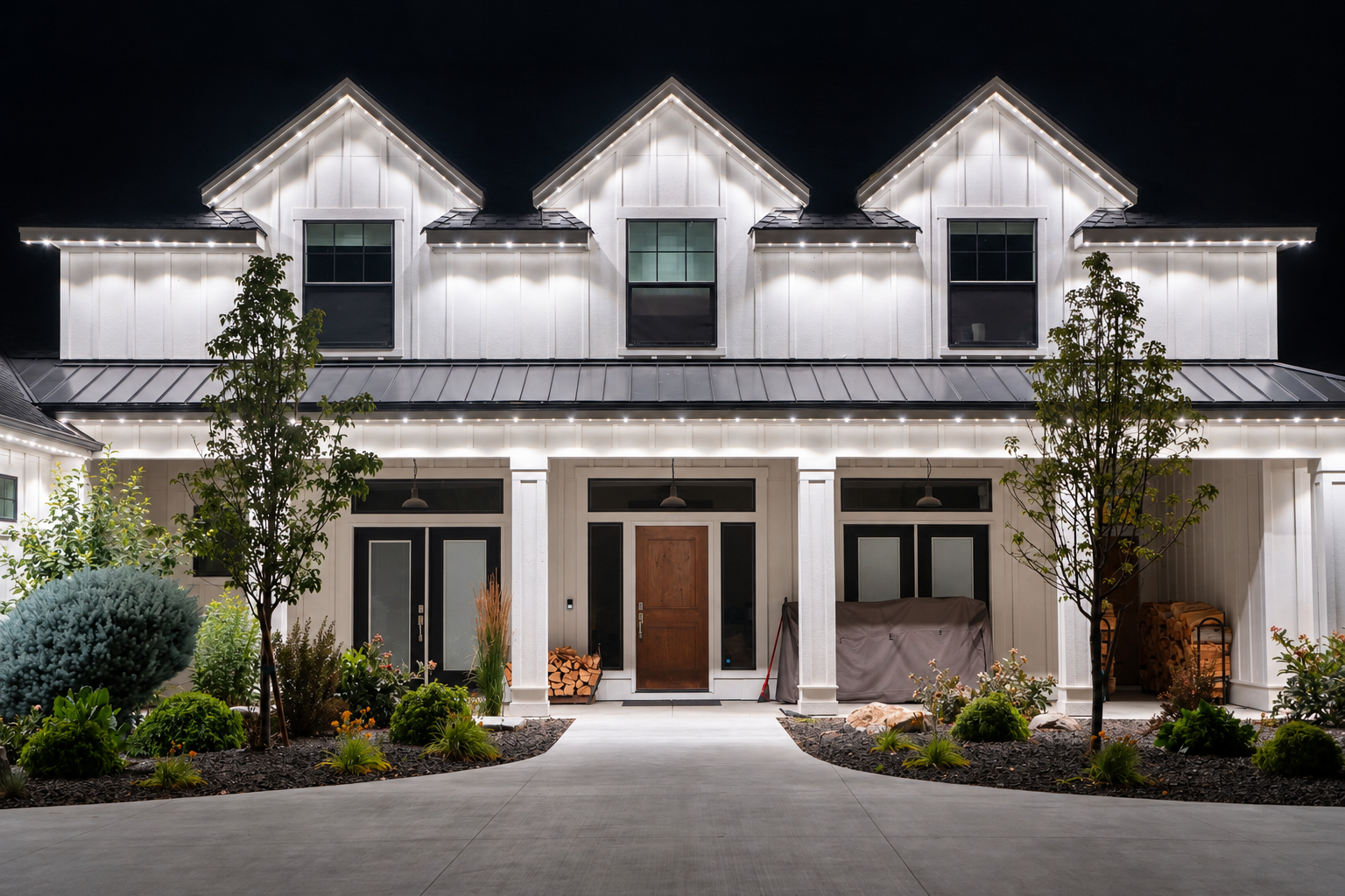 White permanent lighting outlines three upper gables and the covered front porch of a two-story home.