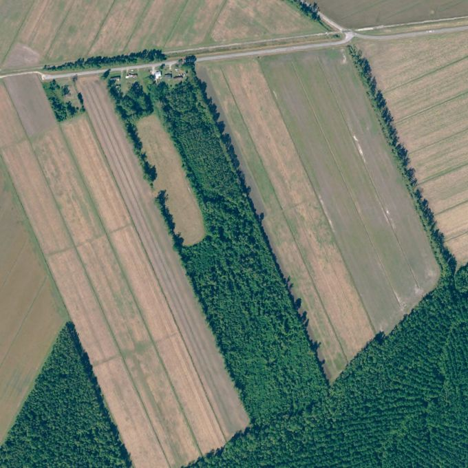 Aerial view of Riddick Town farmland with fields, roads, and tree lines.
