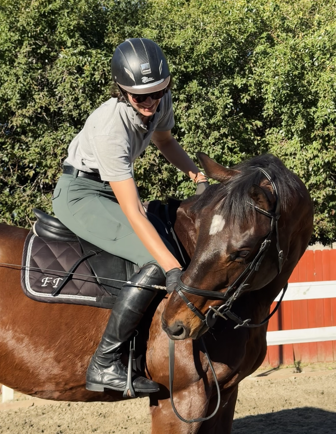 A person wearing a helmet, sunglasses, a gray shirt, and green riding breeches is riding a brown horse with a black bridle and saddle. The rider appears to be smiling and is leaning forward slightly, holding the reins. There is lush green foliage in 