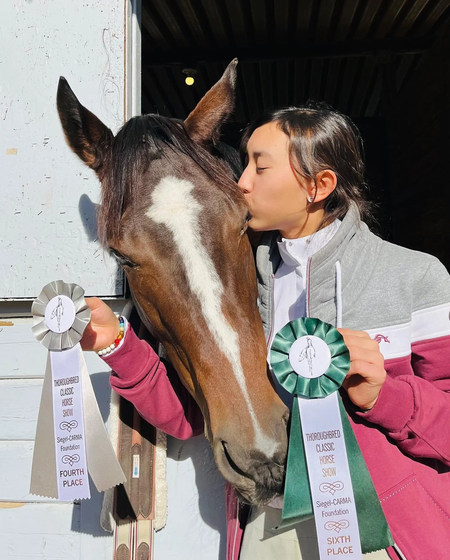 A person holding a rosette ribbon with a horse winning sixth place at a horse show. The horse has a white star on its face and is standing against a white wall. The person is wearing a gray and pink jacket and has dark hair.