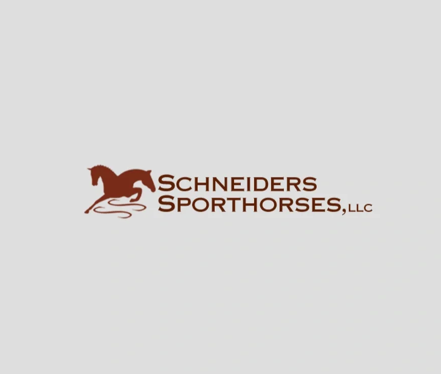 Logo for Schneiders Sporthorses, LLC, featuring a brown silhouette of a horse jumping over a stylized line, with the company name in brown text