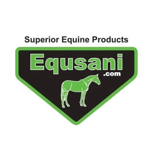 Logo for Equsani.com featuring a green and black shield with a white outline of a horse in the center, and the text "Superior Equine Products" above the shield.