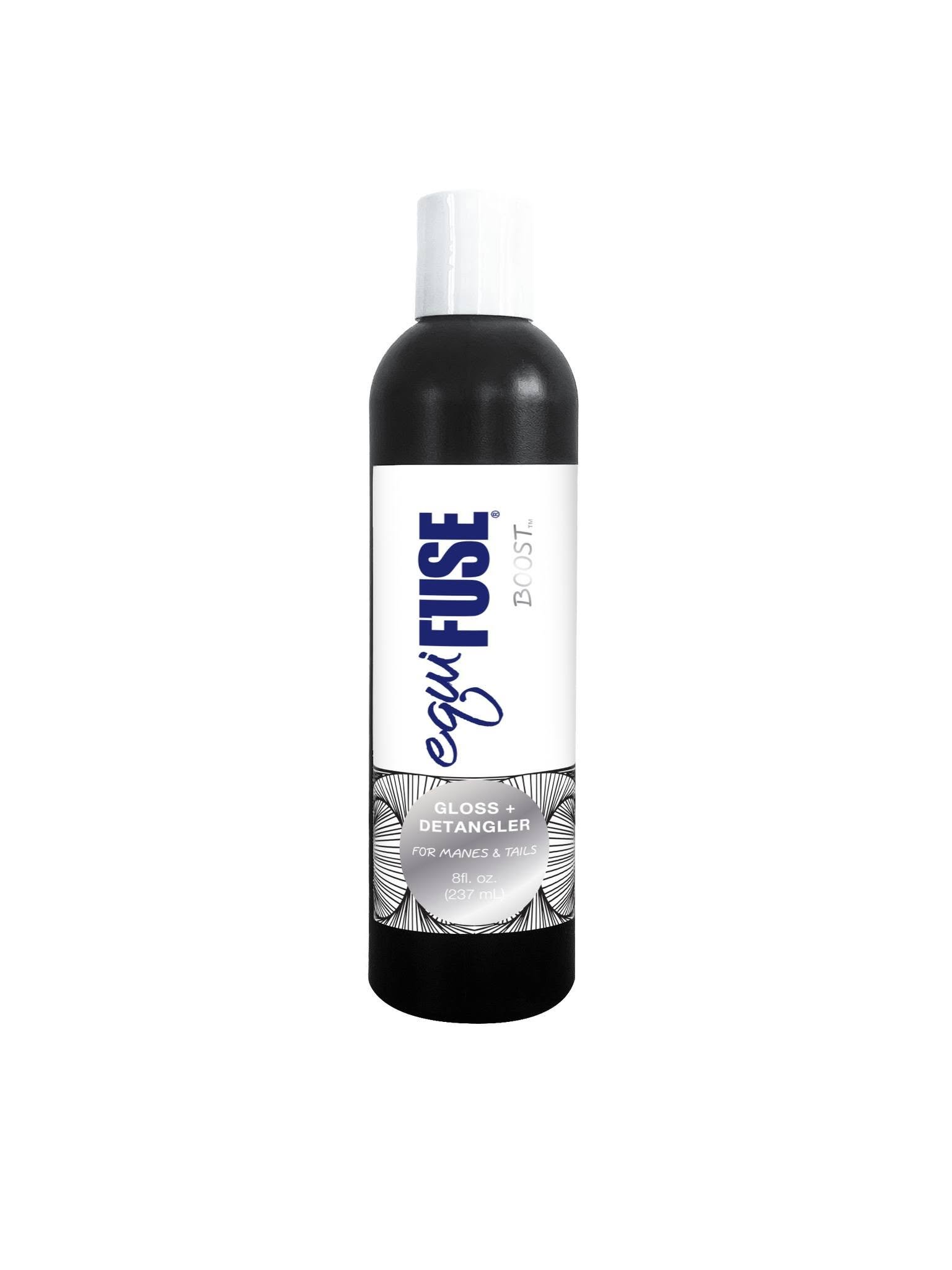 A black bottle with a white label reading 'éagu FUSE Boost Gloss + Detangler for manes & tails, 8 fl oz (237 ml)' against a white background.