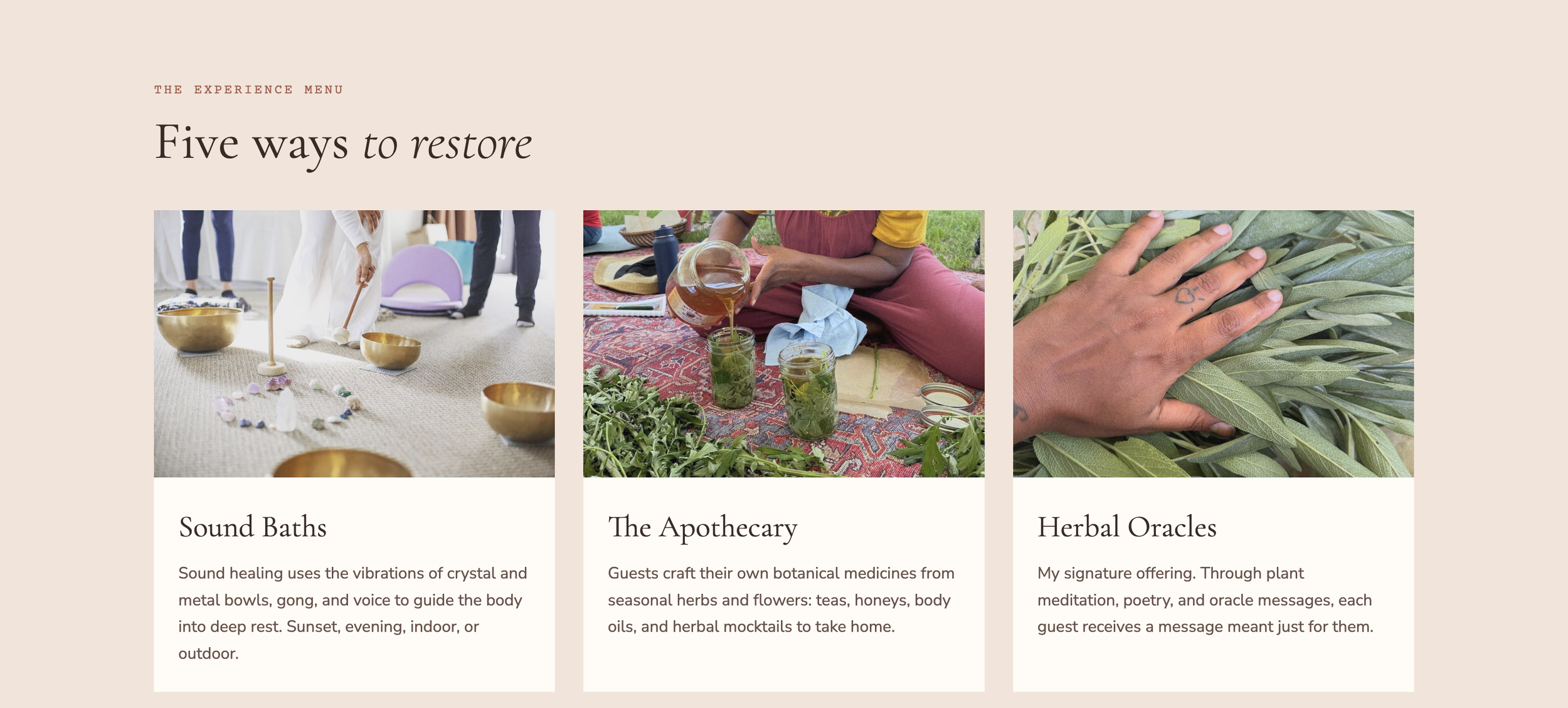 A webpage titled 'Five ways to restore' with three sections: Sound Baths showing people with crystal bowls, The Apothecary with herbs and jars, and Herbal Oracles with a hand touching green leaves.