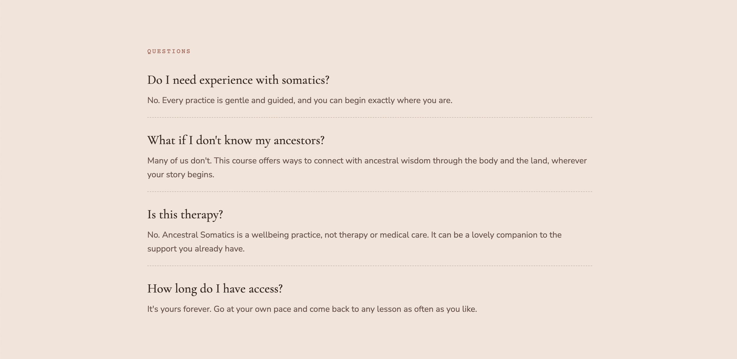 A webpage with questions and answers about ancestral somatics, including topics like experience, connecting with ancestors, therapy, and access.