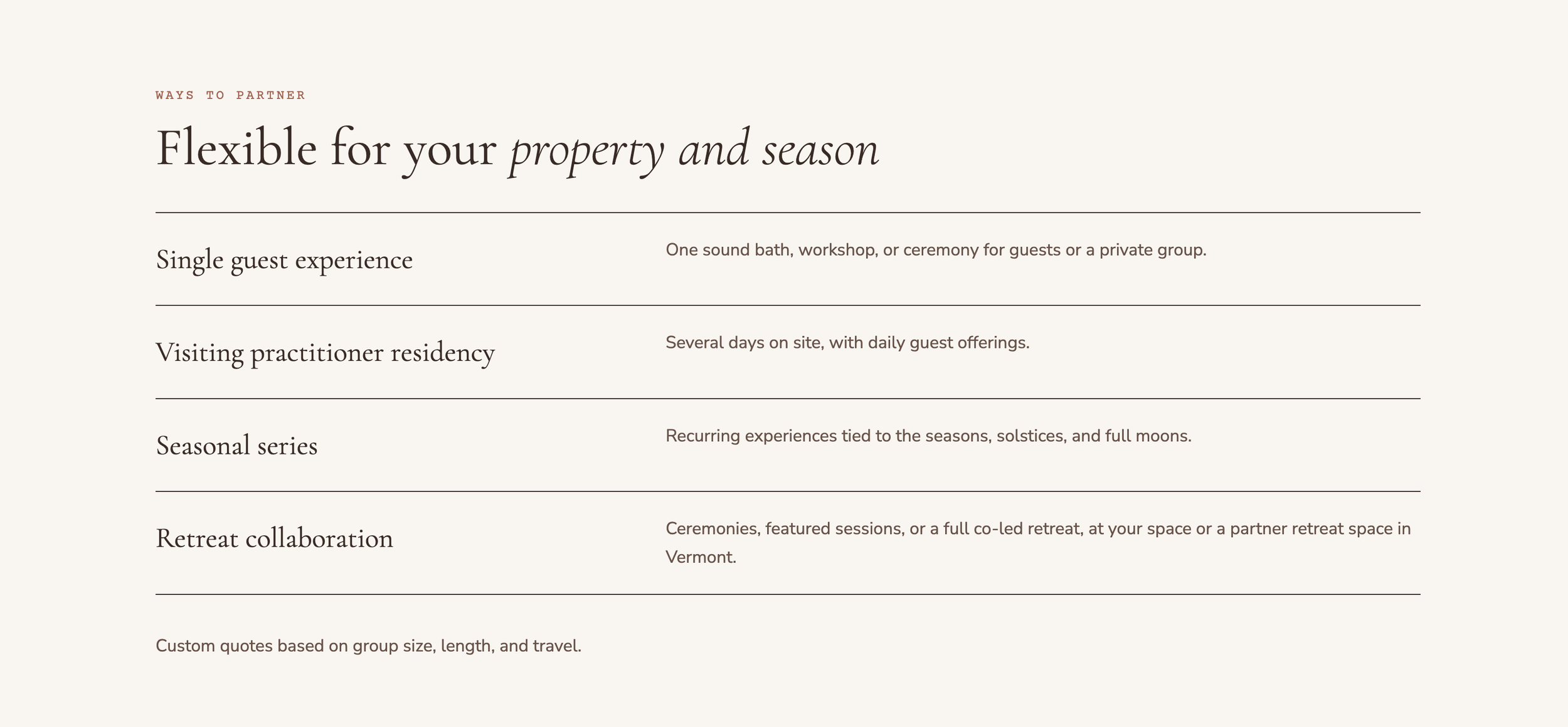 A webpage section titled 'Ways to Partner' listing services including 'Flexible for your property and season,' 'Single guest experience,' 'Visiting practitioner residency,' 'Seasonal series,' and 'Retreat collaboration.' Each service has a brief description.