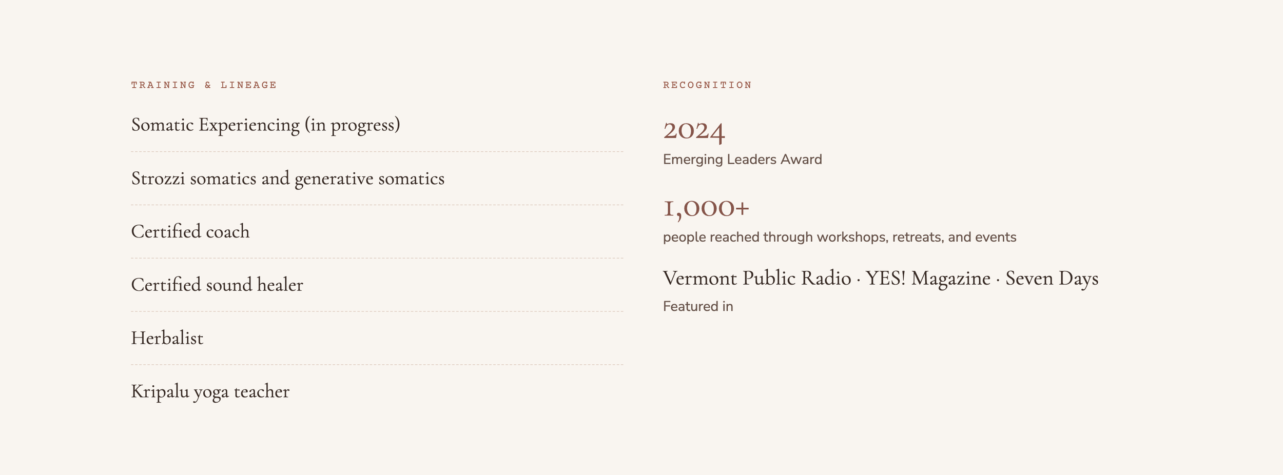 Digital infographic celebrating achievements in somatic experiencing, including certifications, workshops, and media features, with text on a beige background.