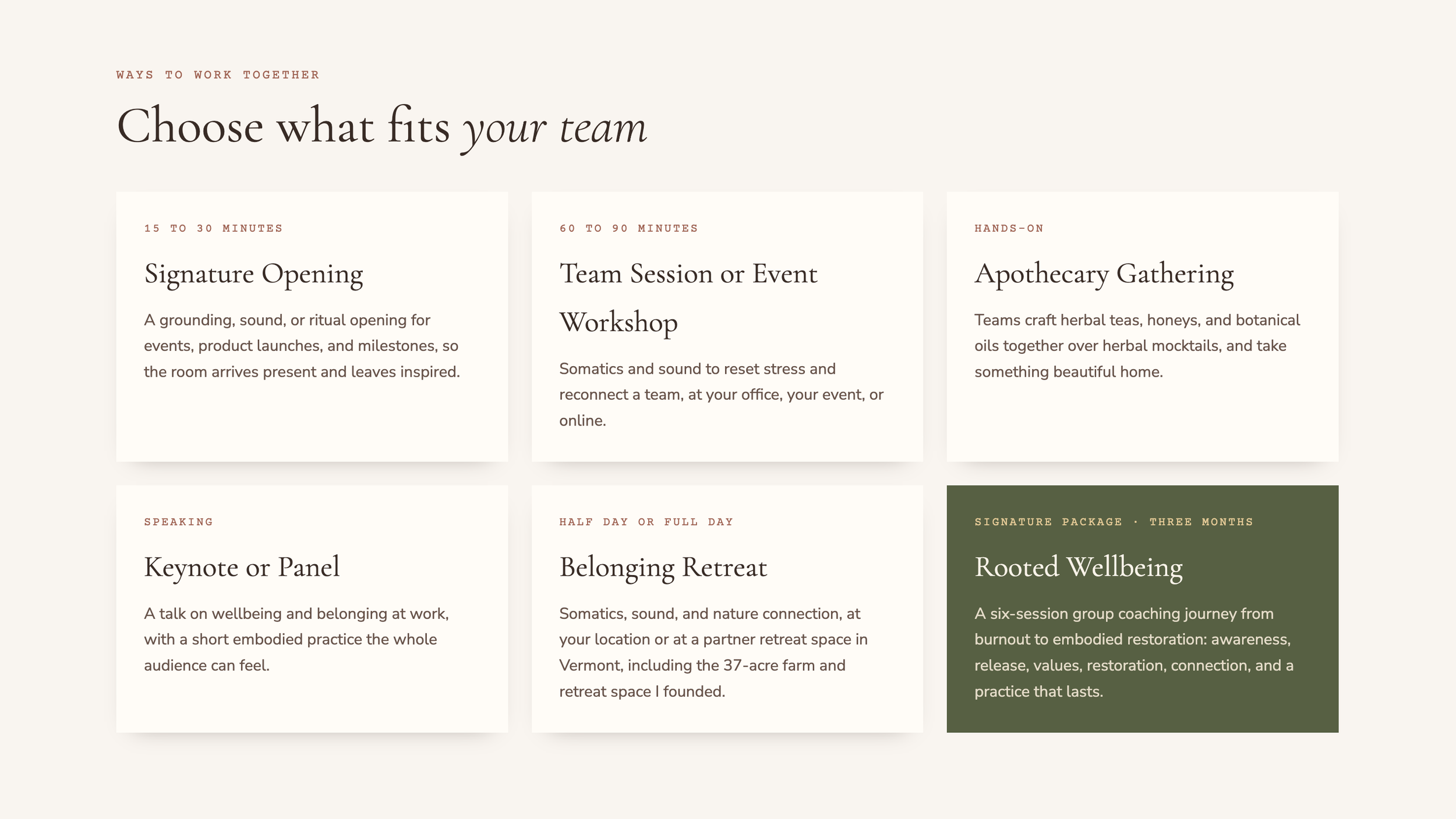 A webpage layout featuring various workshop and event options focused on team building, wellness, and professional development, with section titles such as 'Signature Opening,' 'Team Session or Event,' and 'Apothecary Gathering.'