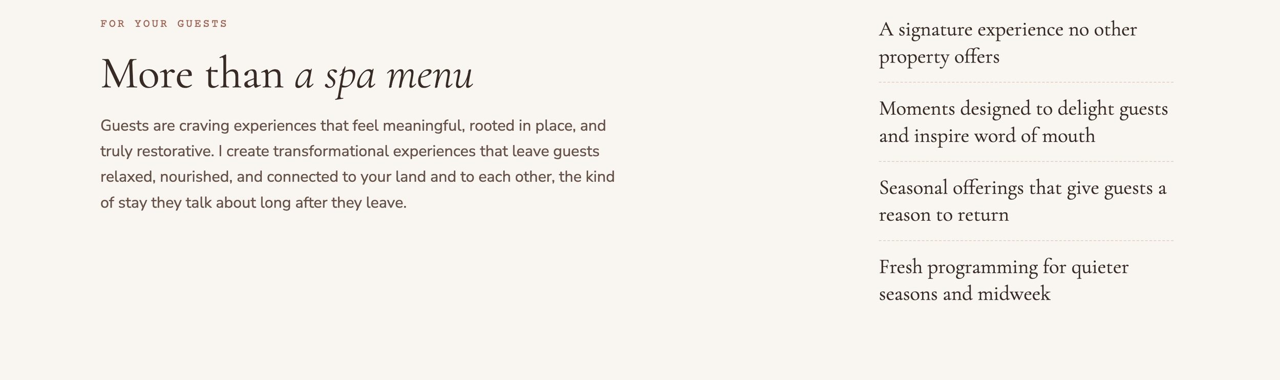 A webpage featuring a spa menu with a headline 'More than a spa menu' and paragraphs explaining the experience offered, with a side column listing signature property offers including moments designed to delight guests, seasonal offerings, and programming for quieter seasons.