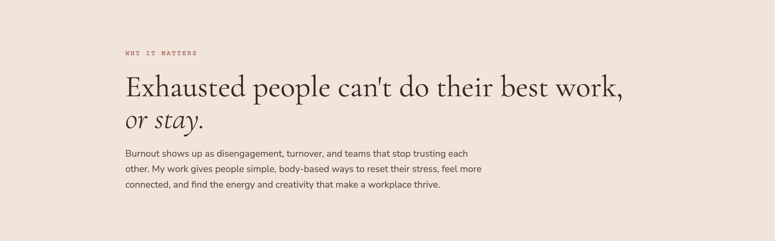 Text graphic with the heading 'WHY IT MATTERS' and the quote 'Exhausted people can't do their best work, or stay.' followed by a paragraph about burnout showing up as disengagement, turnover, and teams that stop trusting each other, and how work on resetting stress and feeling more connected can help workplace thrive.
