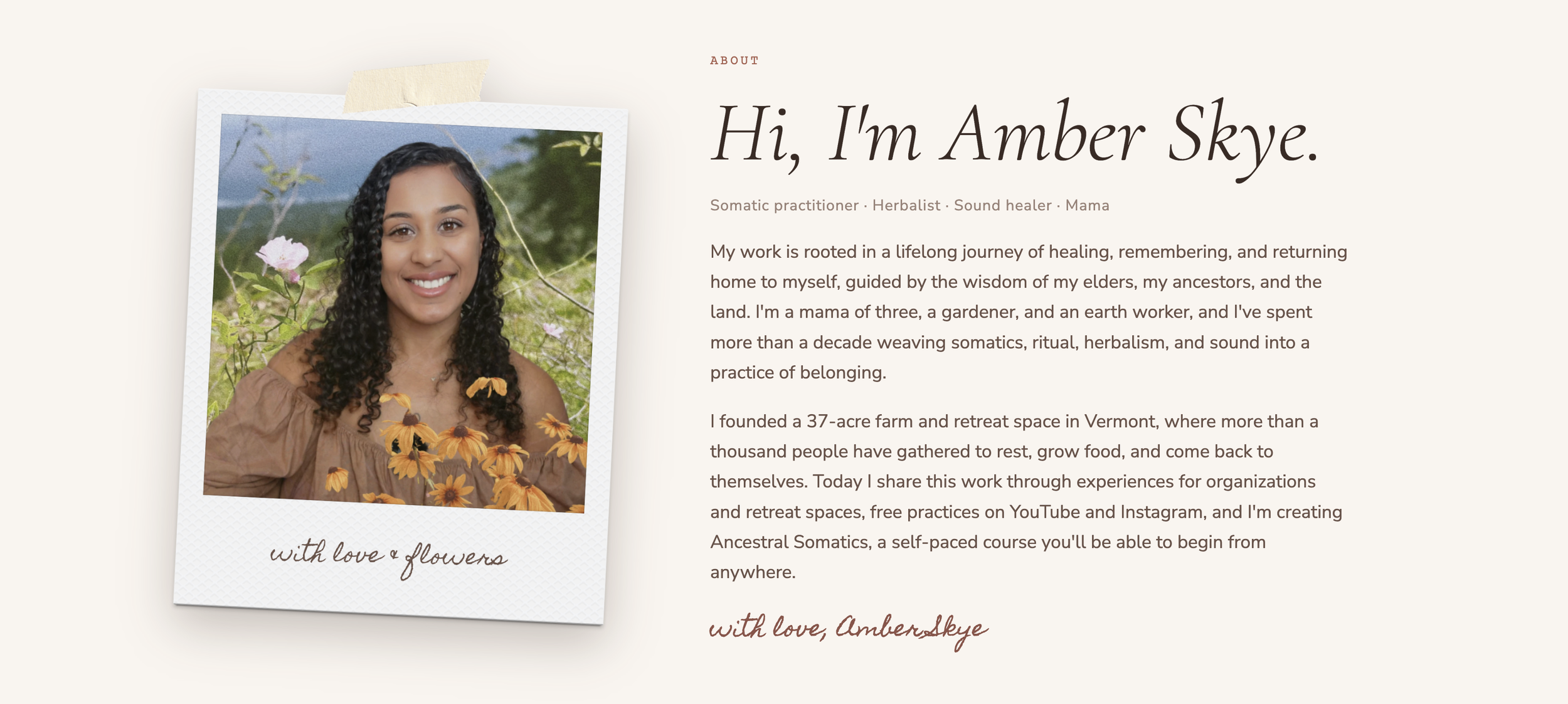 A woman with curly dark hair smiling outdoors, surrounded by greenery and pink flowers, in a Polaroid-style photo overlay on a webpage.