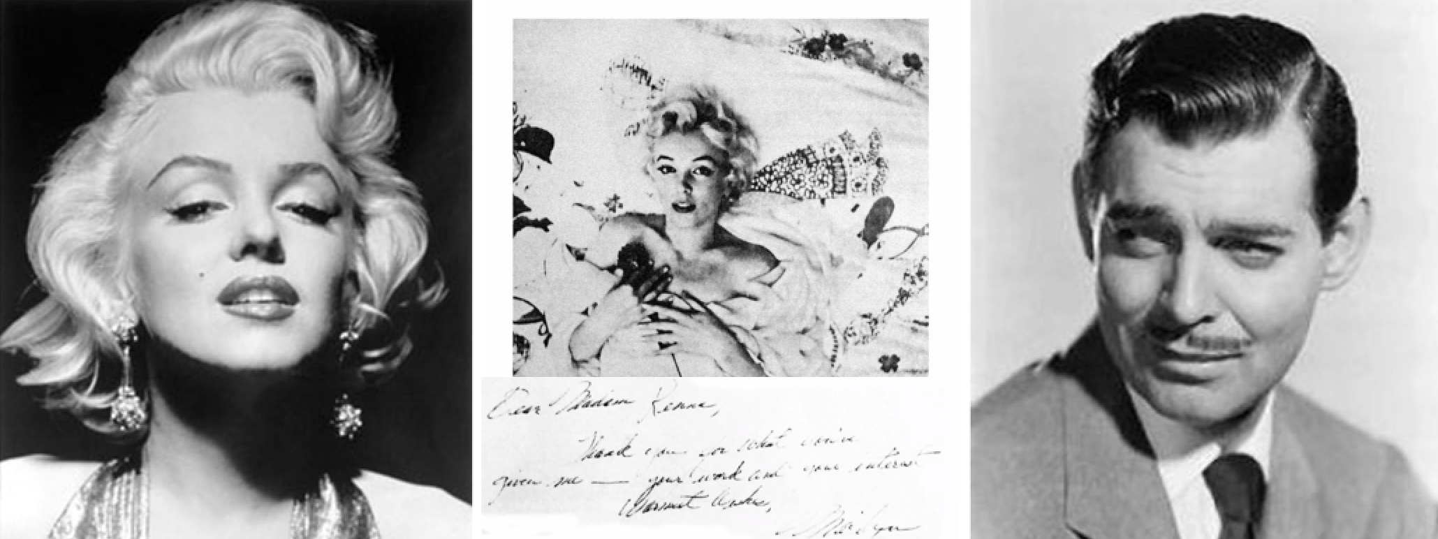 Black-and-white collage featuring Marilyn Monroe portraits, a handwritten note, and a portrait of a man in a suit.