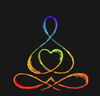Colorful neon line drawing of a heart-shaped loop above crossed red and orange curves on a black background