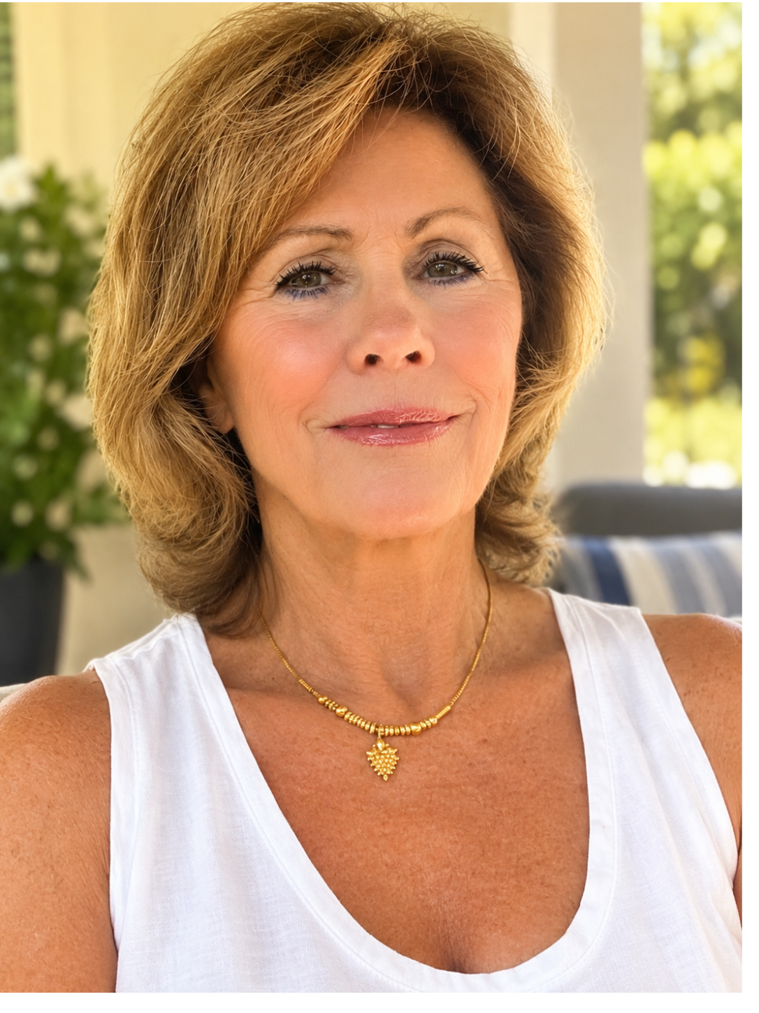 Smiling middle-aged woman with short brown hair wearing a white tank top and gold pendant necklace