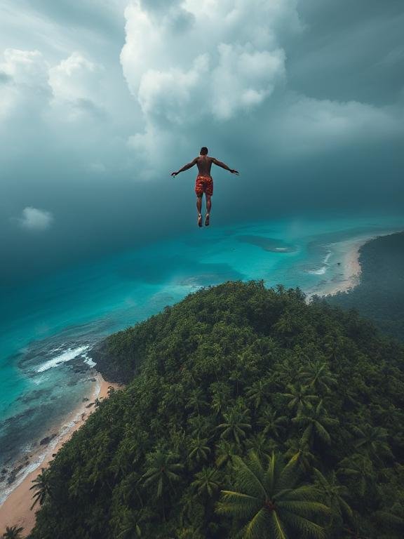 A human is using supernatural abilities to levitate and fly over a tropical island with lush greenery, sandy beaches, and turquoise waters, under a cloudy sky.