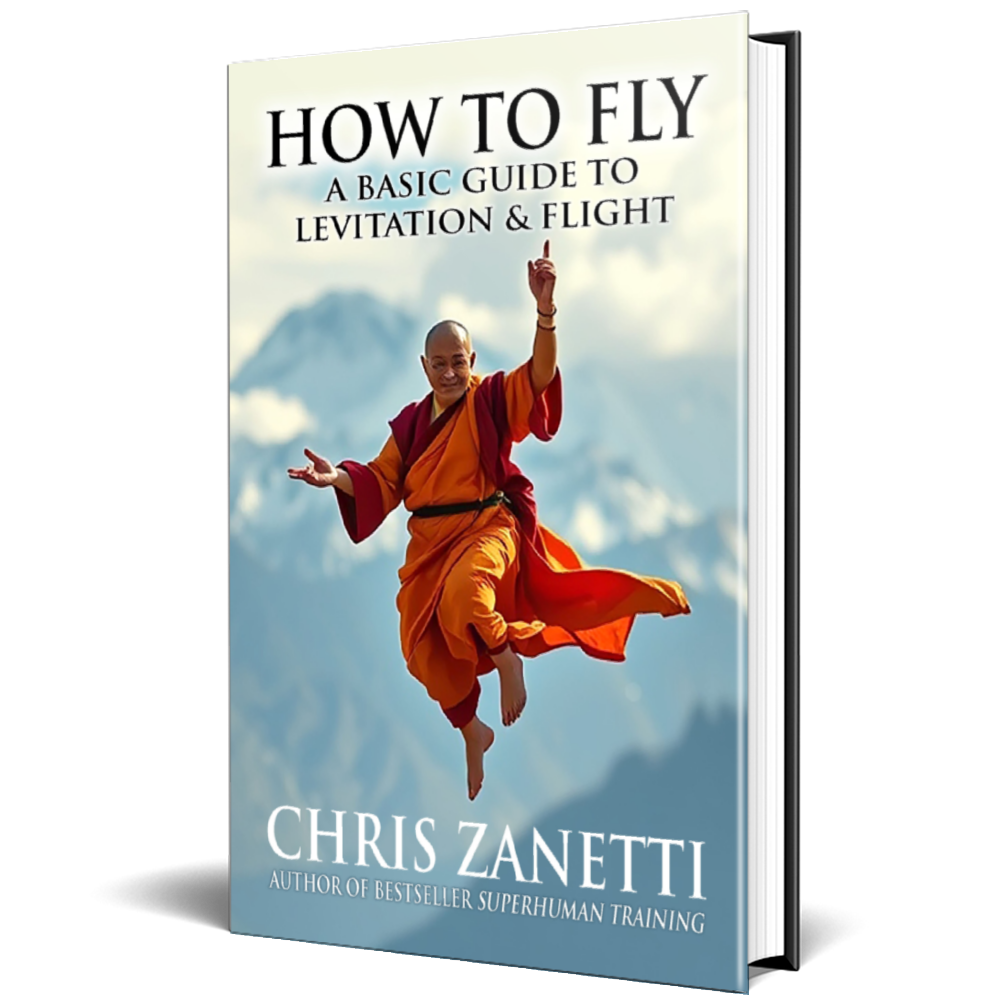 Book cover titled 'How to Fly: A Basic Guide to Levitation & Flight' by Chris Zanetti, featuring an image of a person in a monk's robe levitating in front of a mountain landscape.