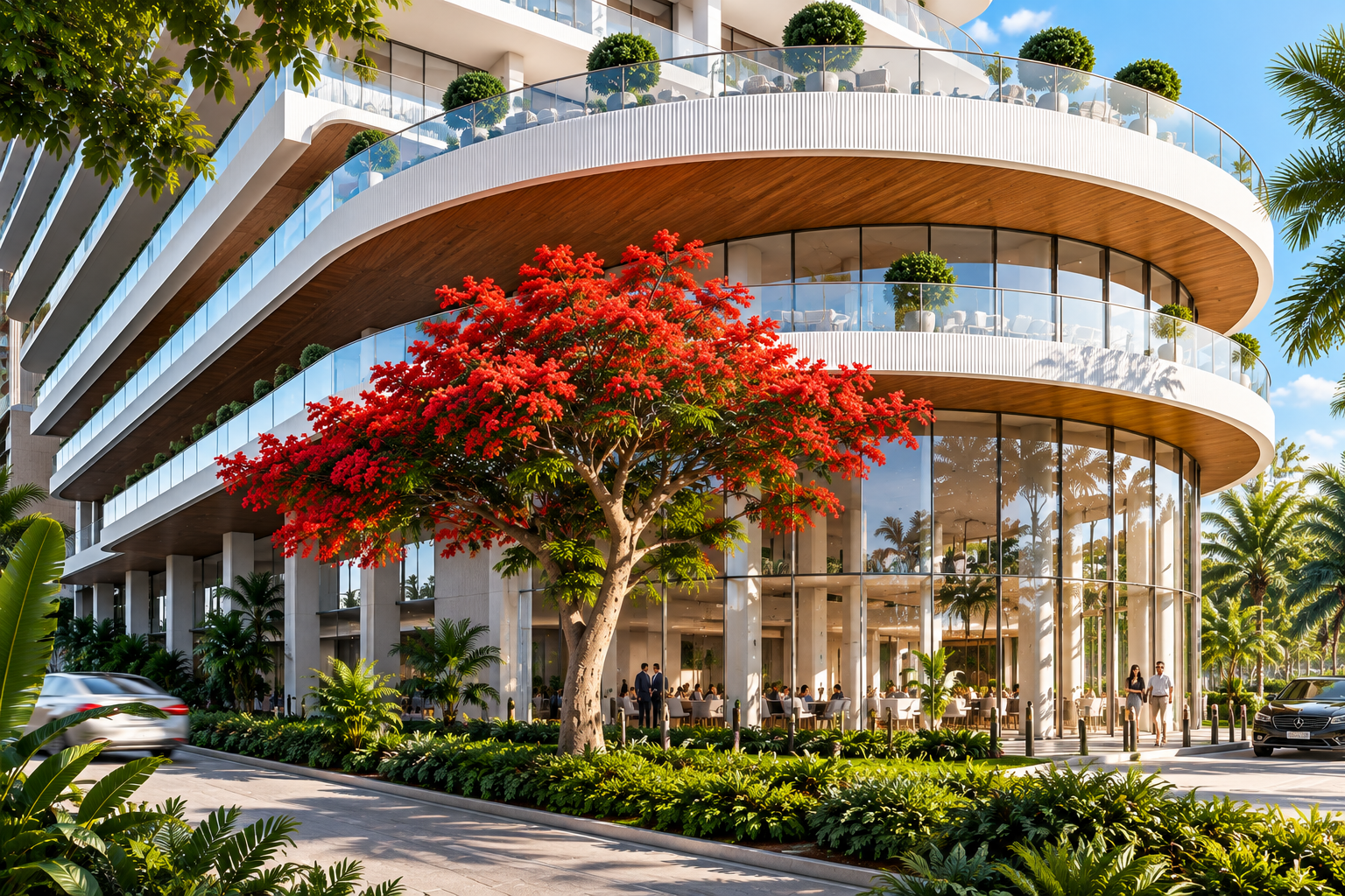 Contemporary Florida residential building with curved balconies, lush tropical landscaping, a vibrant red flowering tree, and outdoor dining areas.