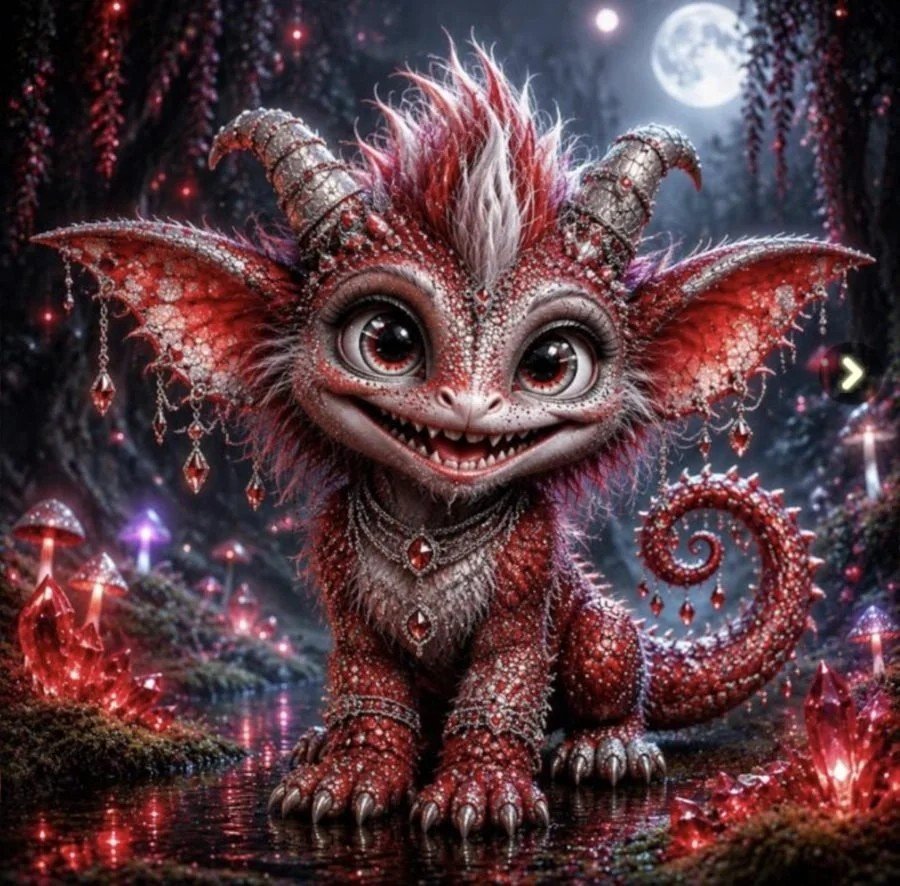 Sparkling red baby dragon under a full moon