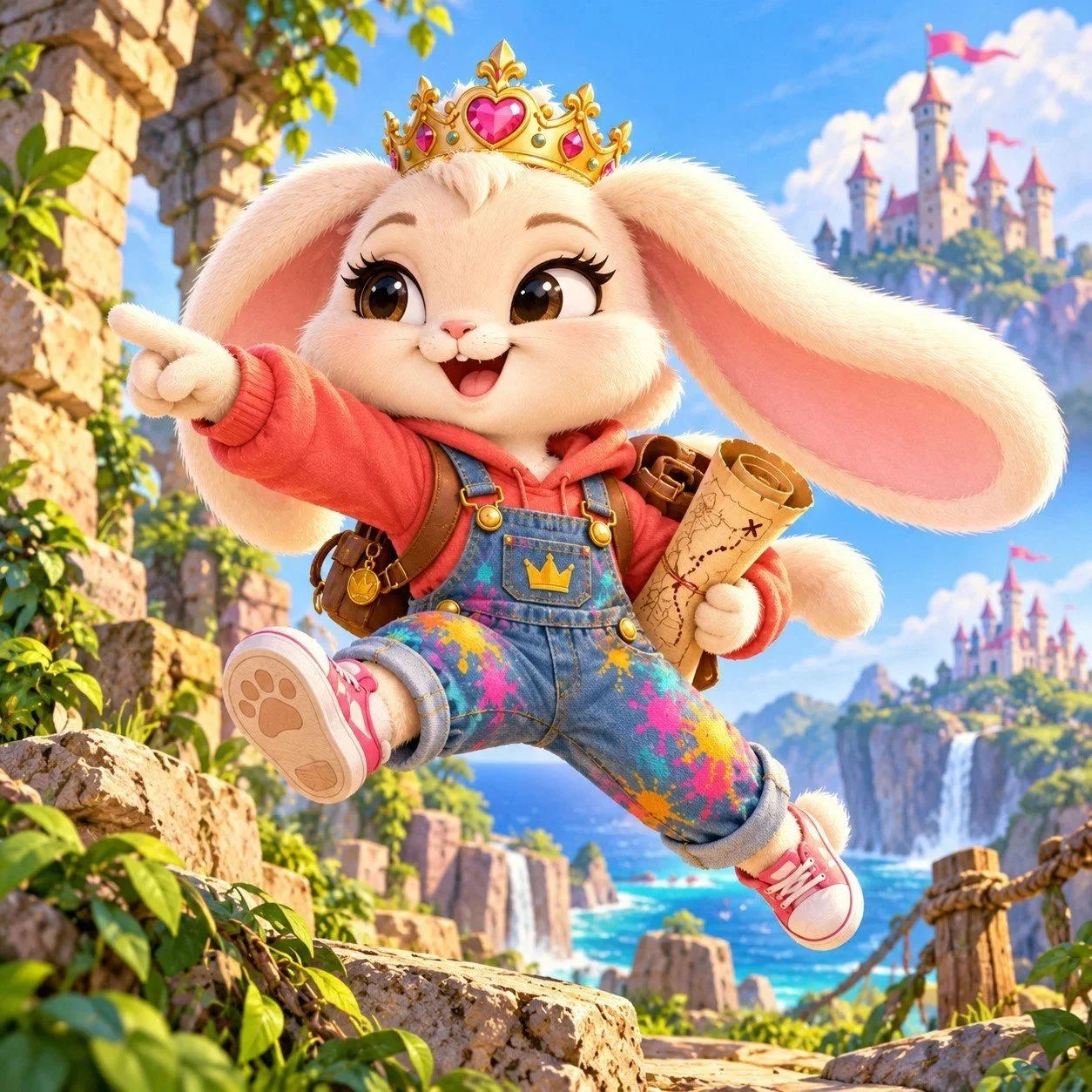 Royal Adventures Poopsie the bunny leaping across cliffside castle ruins with a treasure map