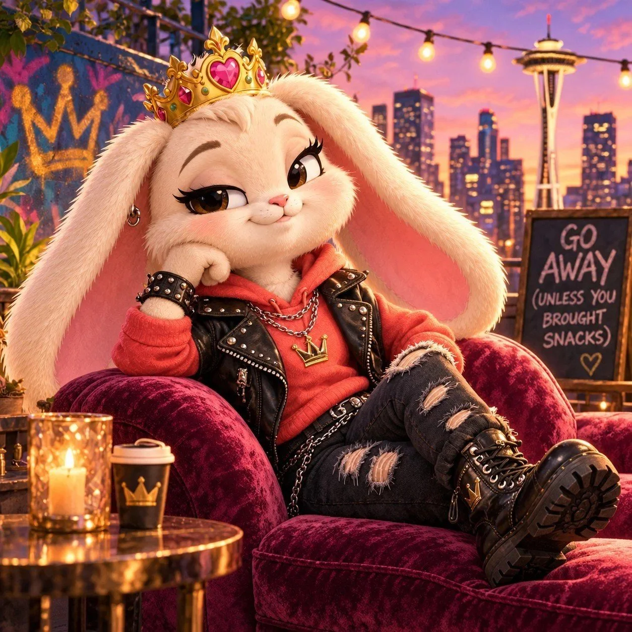 Poopsie the bunny in her crown and punk-glam hoodie giving a sassy side-eye
