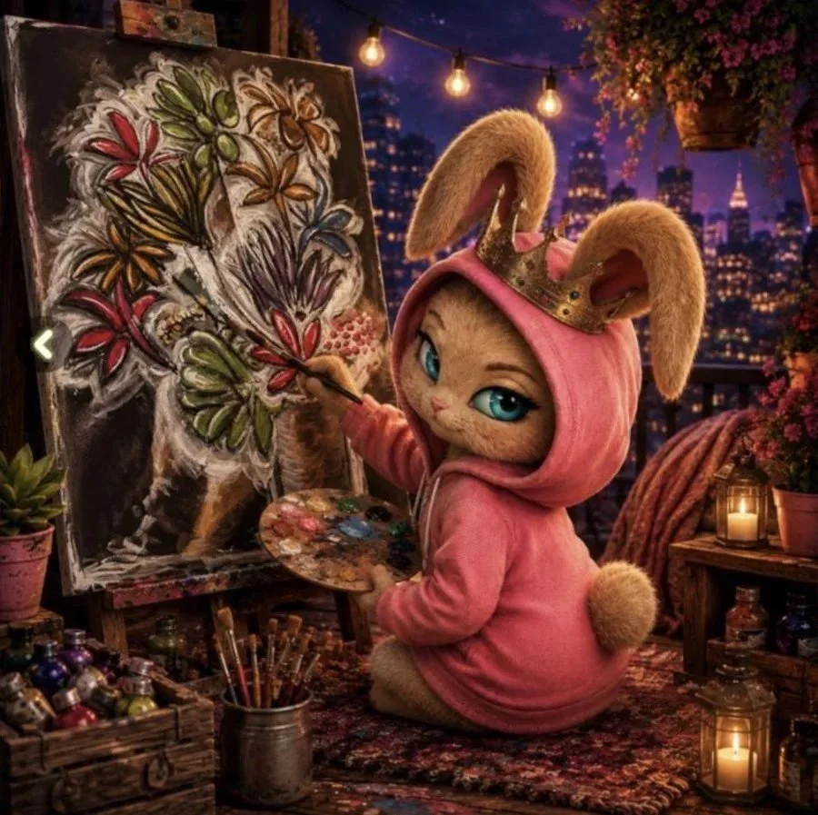 Poopsie painting a flower mural on a city rooftop at night