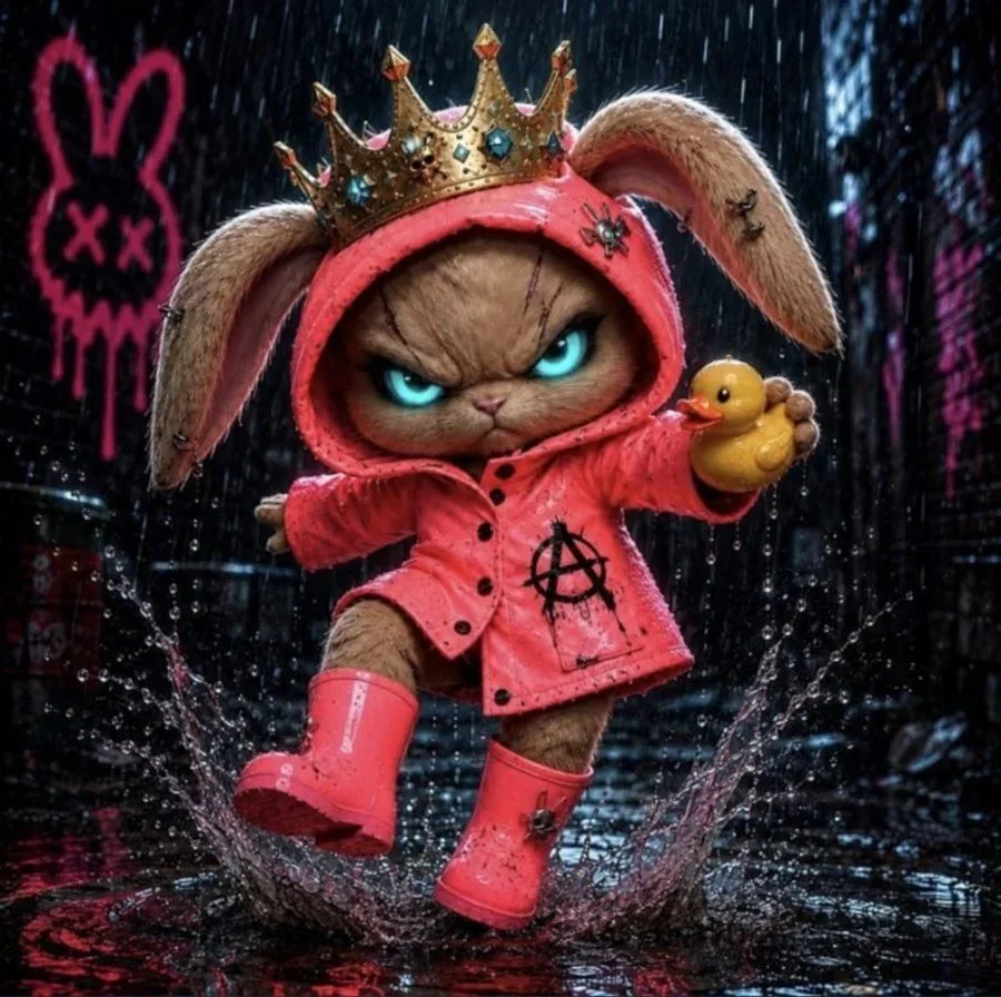 Poopsie stomping through a puddle in pink rain boots, holding a rubber duck